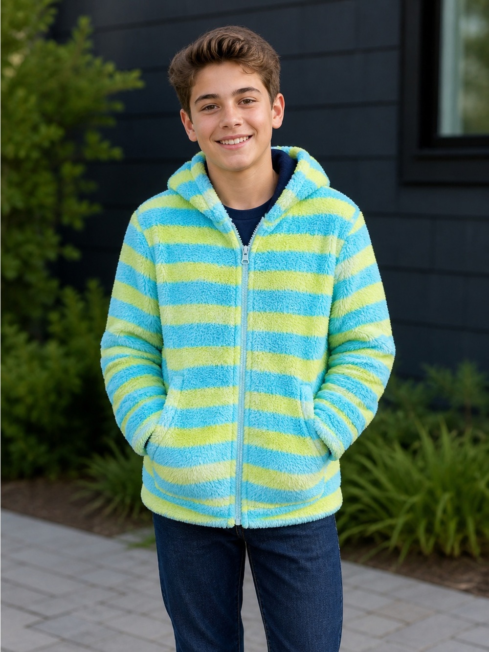 Mini Boden Striped High Pile Fleece Hoodie Kids Blue Green Cozy Zip Up Jacket